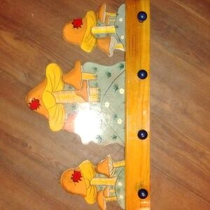 Hand-Painted Mushroom Wall Hook Rack in Orange and Yellow